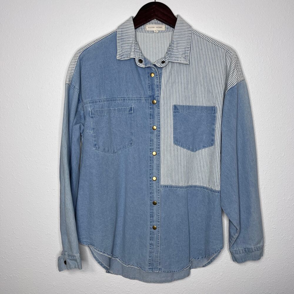 Gilded Intent Buckle Long Sleeve Denim Striped Shirt Size M